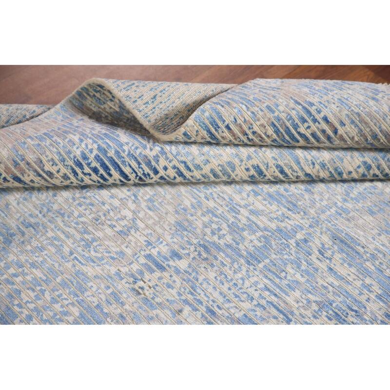 Striped Blue Abstract Modern Accent Rug Handmade Wool Carpet - 3'11"x 5'7"