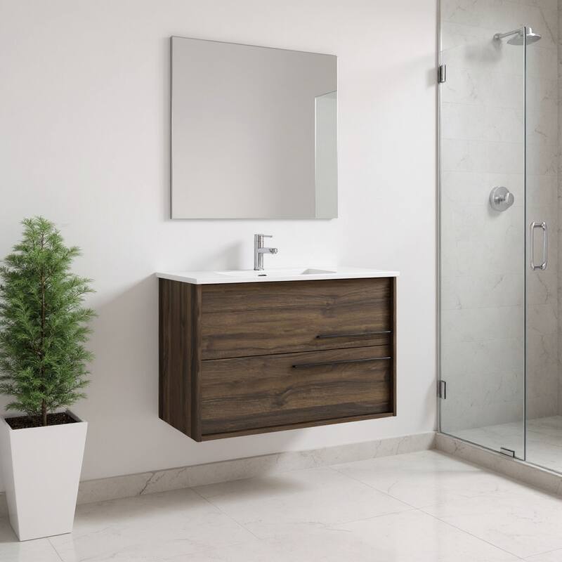 HomeRoots 32" Dark Brown Wood Floating Bathroom Vanity With White Sink And Two Drawers - 32.00 in. x 24.60 in. x 21.60 in. - 32.00 in. x 24.60 in. x 21.60 in. - Polished - Dark Brown