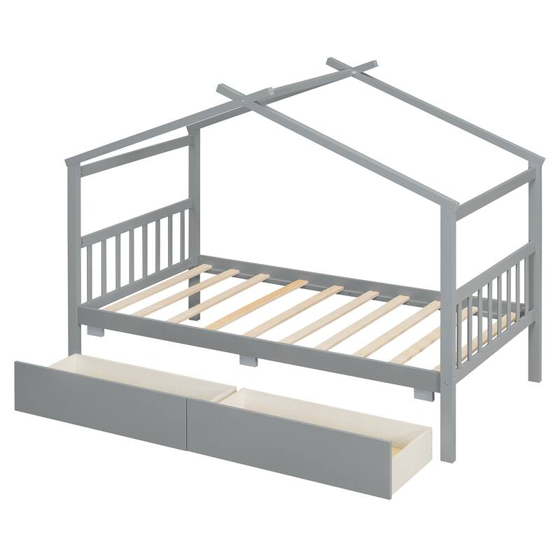 Twin Size House Bed with Storage Drawers and Solid Wood Frame