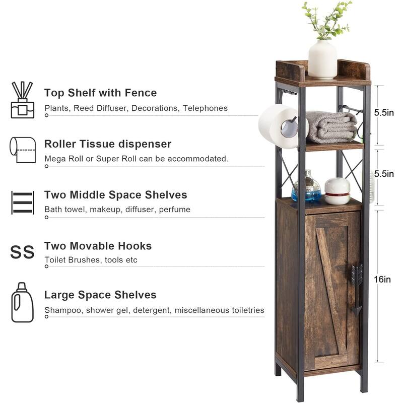 VECELO Slim Bathroom Floor Cabinet with Shutter Door 3-Tier Storage Shelf with Hooks Freestanding Cabinet for Bedroom, Entryway