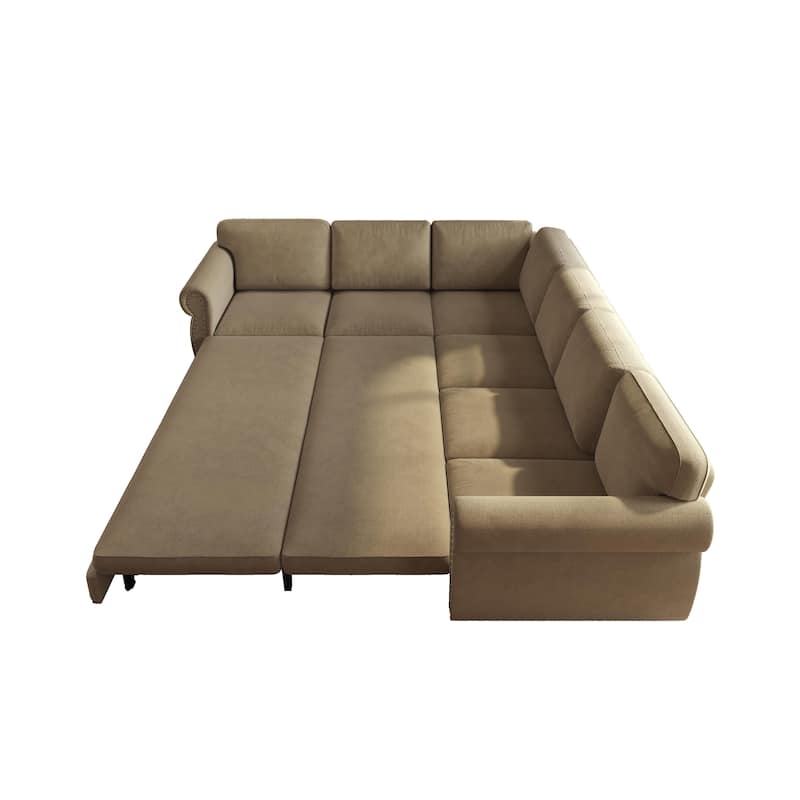L-Shaped Sectional Sofa with Pull-Out Bed, Oversize Convertible Sleeper Sofa with Rolled Arms, Chenille Upholstery