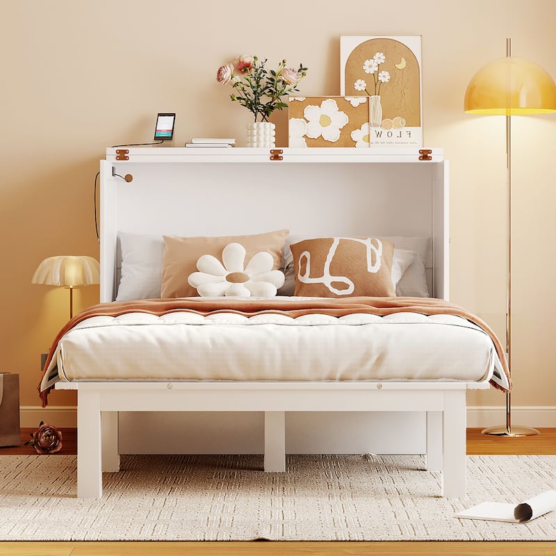 Full Size Murphy Bed with USB Port, Removable Shelves, and Space-Saving Design, White