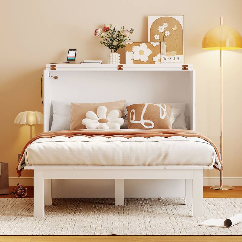 White Murphy Bed Cabinet Bed with USB Port and Desk for Space-Saving, Full Size Platform Bed with Removable Shelves on Each Side - White
