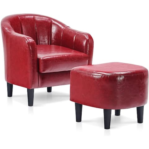 Mcombo Accent Club Barrel Chair with Ottoman, Leather Arm Chair 4022