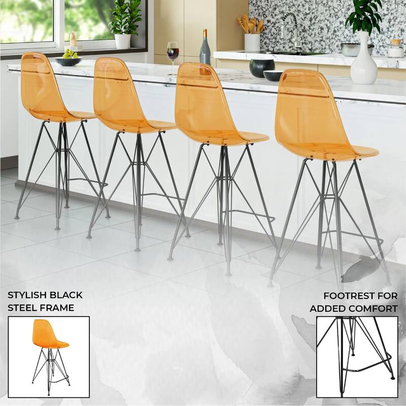 Cresco Acrylic Barstool in Brushed Black Steel Base with Ergonomic Seat, Footrest, & Floor Pads for Kitchen or Home Bar Set of 2