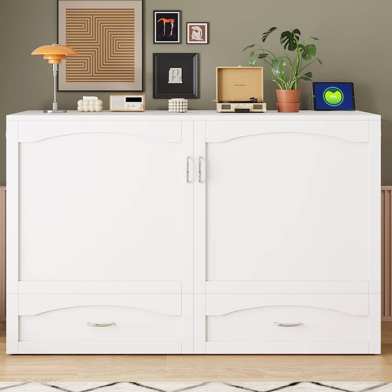 Folding Murphy Bed Queen Size Wall Cabinet Bed with Storage Drawer, Charging Station and Pulley Structure Design - White - Queen