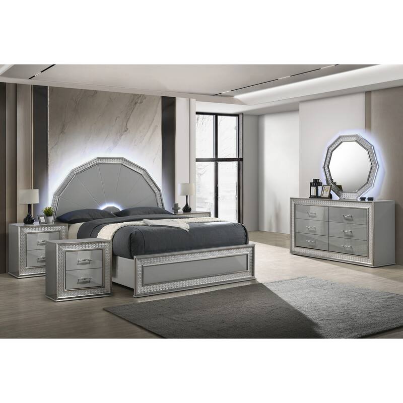 Furniture of America Rosdale Glam 5-Piece Metallic Grey Gloss Queen Platform Bedroom Set with LED Lighting - Metallic Grey