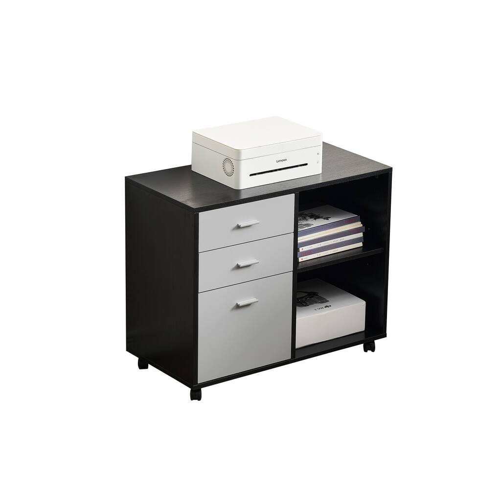 Black Wooden Filing Cabinet, 3 Drawers, Two Open Shelves