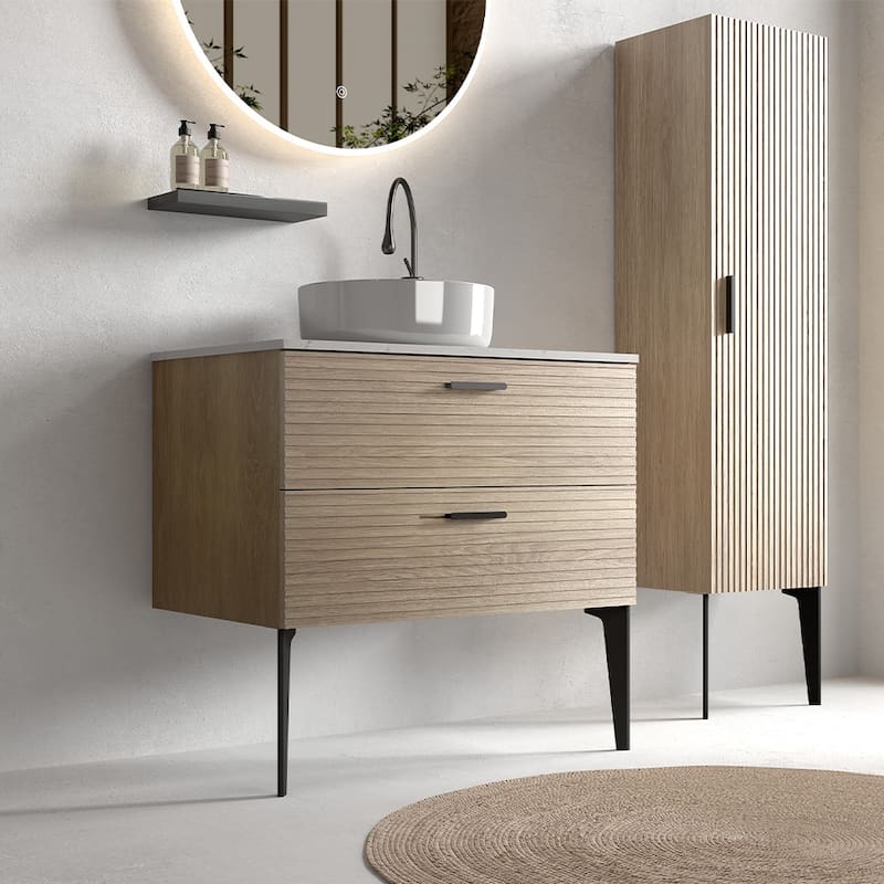 30/36/48 inch MDF Single Sink Freestanding Bath Vanity in Oak with White Artificial Marble Top