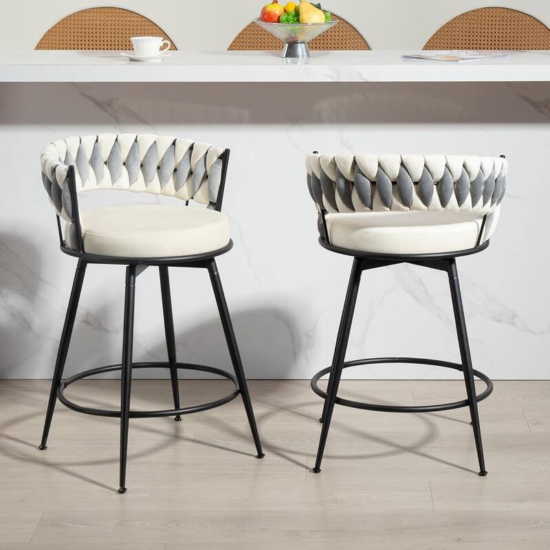 XINMICS 360° Swivel Bar Stools, 24 Inches Modern Counter Height Bar Stools with Woven Back, Upholstered Suede Tall Barstools - Set of 2 - White - Counter Height