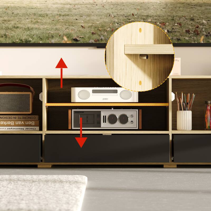 Wall Entertainment Center with Storage Cabinets,TV Stand and Shelving Oak and Black Modular Unit - 92.7"W