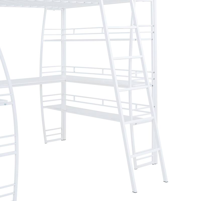 Full Size Metal Loft Bed with 4-Layer Shelving, L-Shaped Desk, USB Ports, Sockets, and Wireless Charging