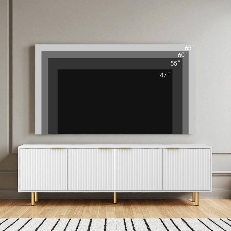 Modern Fluted TV Stand with 4 Storage Cabinets & Gold Legs, Entertainment Center for 55 Inch to 70 Inch TVs