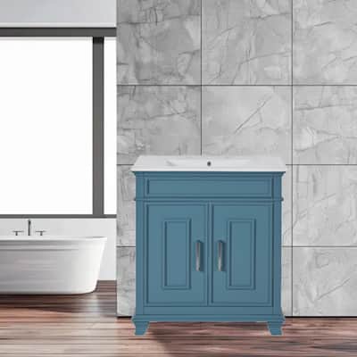 Modern 30" Bathroom Vanity with Ceramic Sink, Freestanding Storage Cabinet & Shelf, Blue & Gold Design