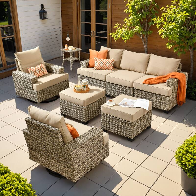 OVIOS 8-Piece T Shaped Seat Swivel Chair Patio Conversation Set - Beige