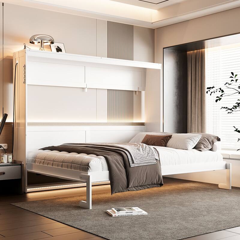 Side-Folding Printed Murphy Bed with LED and USB - White - Full