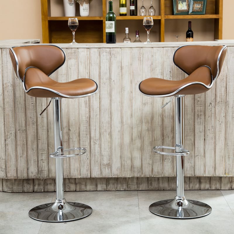 Faux Leather Upholstery Bar Stool Set of 2, Adjustable Swivel Bar Stool with Chrome Base for Kichen Island, Bar & Counter - Camel