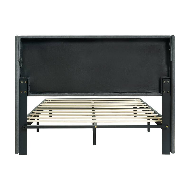 Queen Size Upholstered Platform Bed Frame with Button Tufted Linen Fabric Headboard, No Box Spring Needed, Wood Slat Support