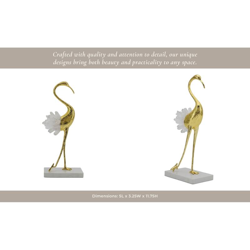 Metal Modern Crane Sculpture with Crystal Accents and Marble Base