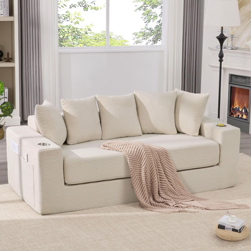 Convertible Corduroy Sleeper Loveseat Sofa Bed 3 Seater Floor Folding Couch with 5 Pillows, Cup Holders and Side Pockets
