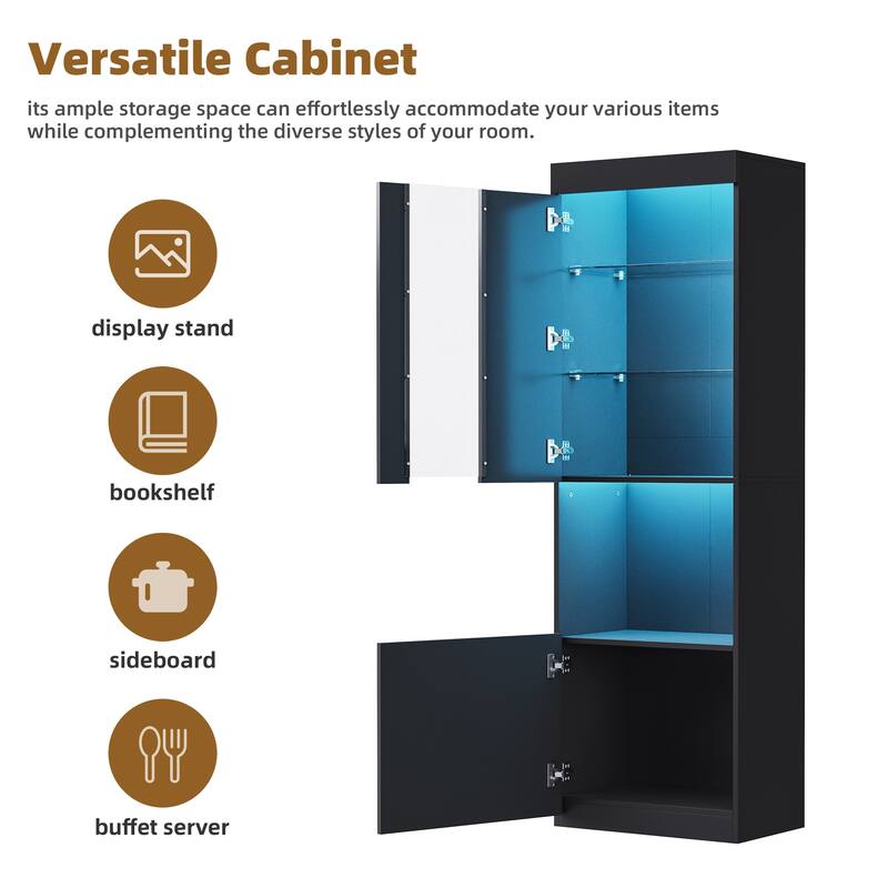 LED High Gloss TV Stand Display Cabinet Set with Glass Shelves, 111" TV Media Storage Console with Electric Fireplace