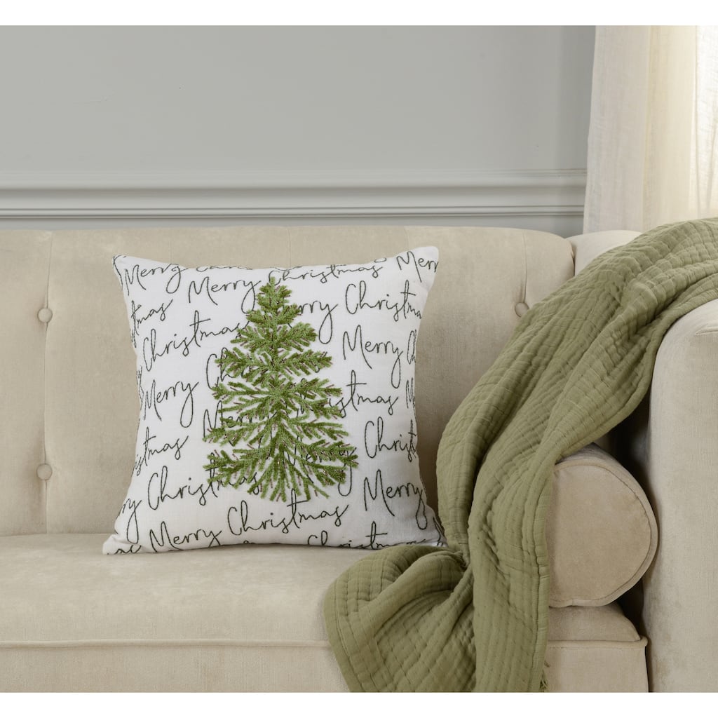 Rizzy Home Merry Christmas Tree Holiday Embroidered Throw Pillow