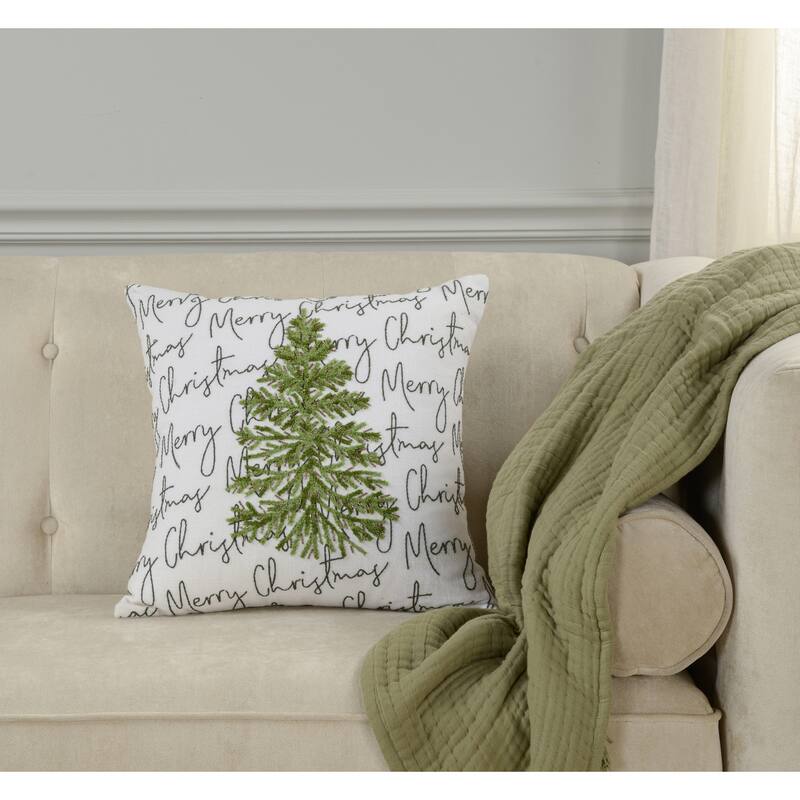 Rizzy Home Merry Christmas Tree Holiday Embroidered Throw Pillow