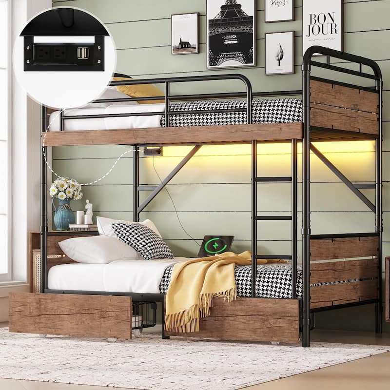 Twin XL Metal Bunk Bed with LED Light, Charge Station, and Storage Drawers - Black