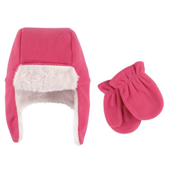 slide 1 of 1, Hudson Baby Infant Girl Fleece Trapper Hat and Mitten 2pc Set, Dark Pink 6-12 Months