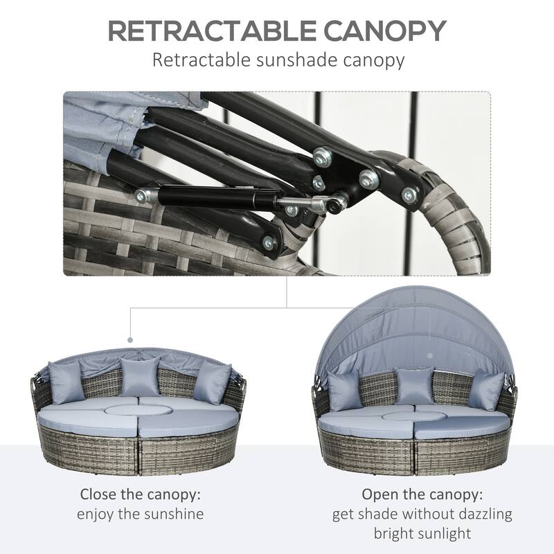 Outsunny 4pc Rattan Patio Furniture Set, Round Convertible Daybed or Sunbed, Adjustable Sun Canopy, Sectional Outdoor Sofa