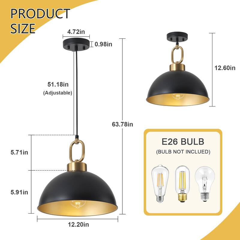 Starsky 1-light Mid-century Modern Industrial Farmhouse Black Dome Single Pendant Light set of 2