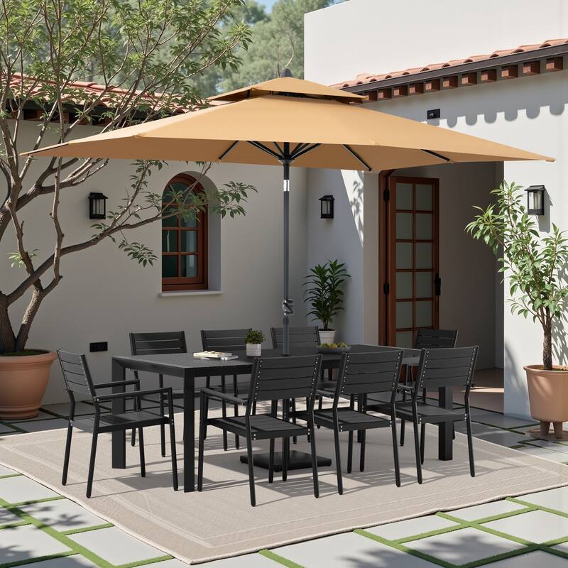 9/11-Piece Outdoor Patio Dining Set Aluminum Dining Table and Stackable Chairs w/10 ft Market Umbrella and Base