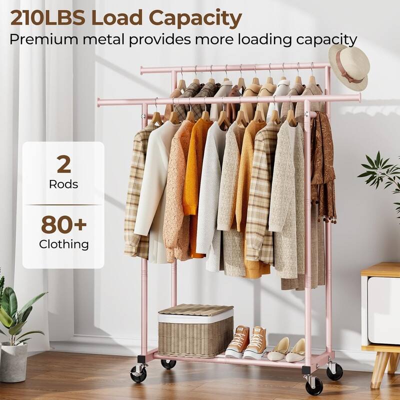 Double Rods Clothes Rack, Rolling Clothing Rack for Hanging