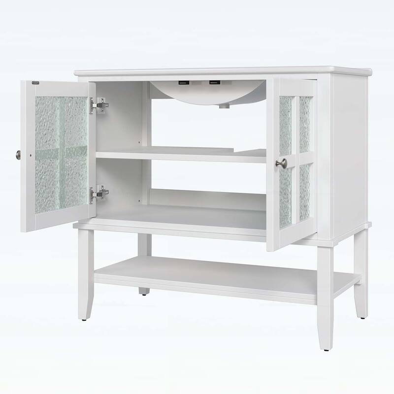 36 Inch Bathroom Vanity with Ceramic Sink,Adjustable and Open Shelves,Wood Legs