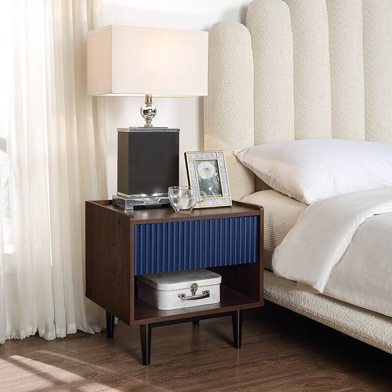 Modern Nightstand with Fluted Design Single Drawer and Open Shelf