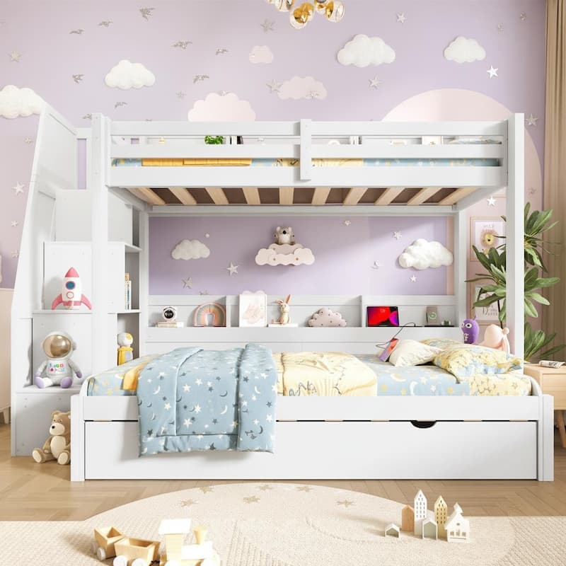Twin over Full Bunk Bed with Storage Stairs, Trundle, LED Shelf & USB Port by Harper&Bright Designs