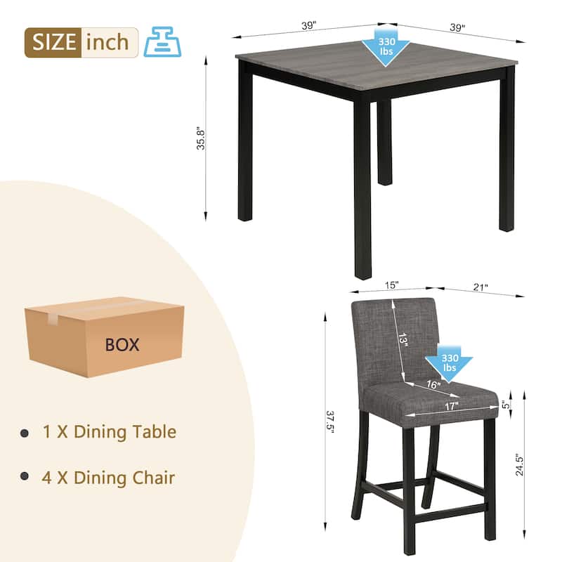 5-Piece, Modern Counter Height Table Set, Wooden Counter Height Dining Table Set with 4 Chairs, for Kitchens and Dining Rooms