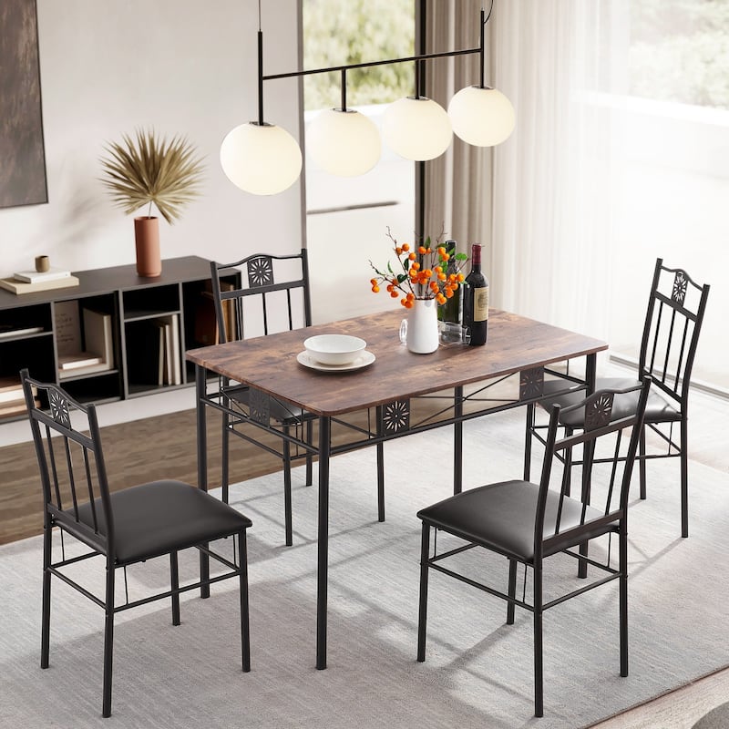 VECELO Modern 3/5-piece Dining Set Tempered Glass Top and Wood Top, Steel Dining Table and Chair Set of 2/4 - Retro-Brown - 5-Piece Sets