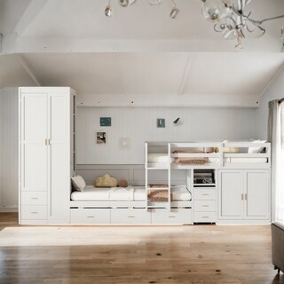White Twin Size Wooden Platform Bed with Cabinet, Wardrobe and Desk for 3
