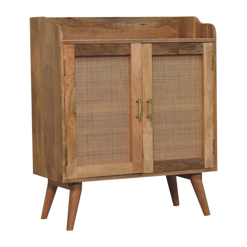HomeRoots 35" Brown Distressed Solid Wood Inlaid Rattan Accent Cabinet With Two Doors