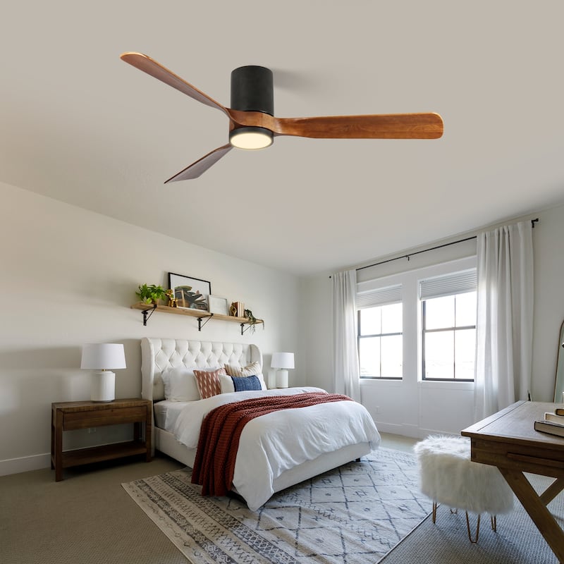 60 in. LED Indoor/Outdoor Flush Mount Matte Black Ceiling Fan with Wood Blades, 6-Speed DC Remote Control