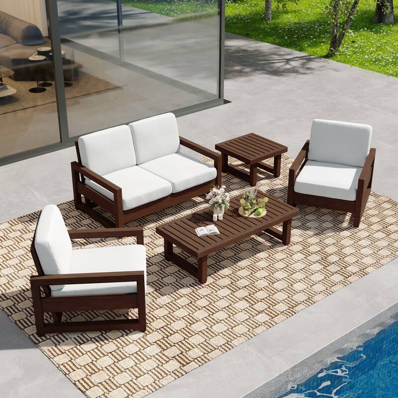 5-Piece Teak Wood Outdoor Patio Conversation Set with Cushion - Dark Wood - Beige