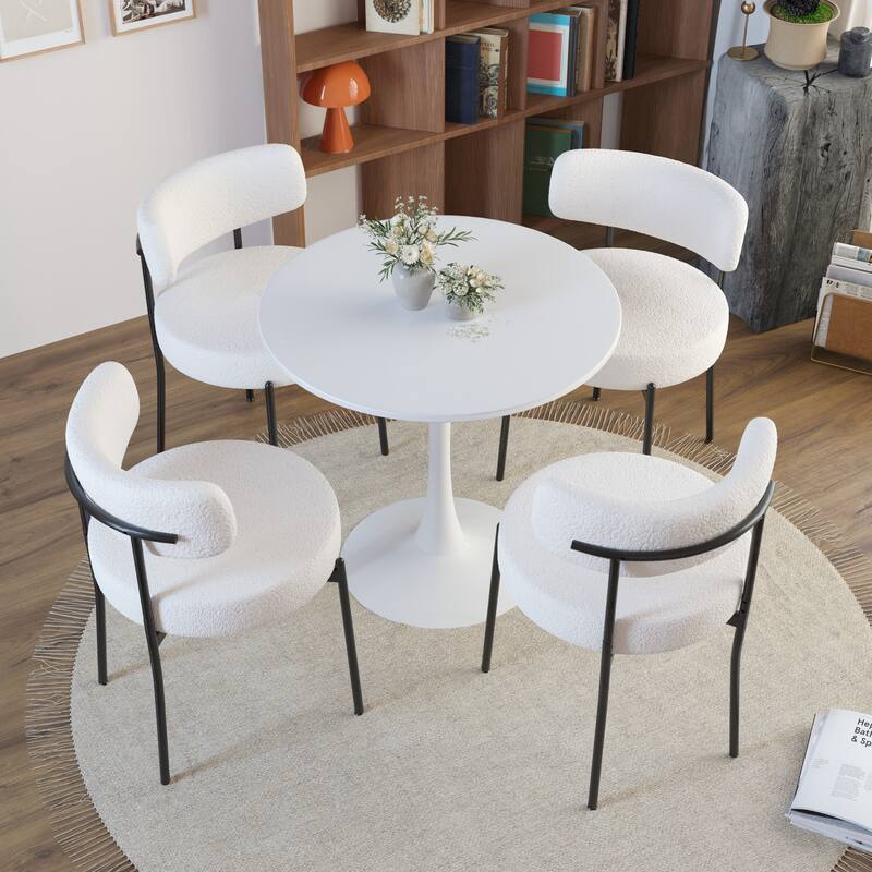 Set of 4 Accent Chair Vanity Chair with Curved Backrest, Dining Chair Reception Chair with Metal Legs - White Teddy