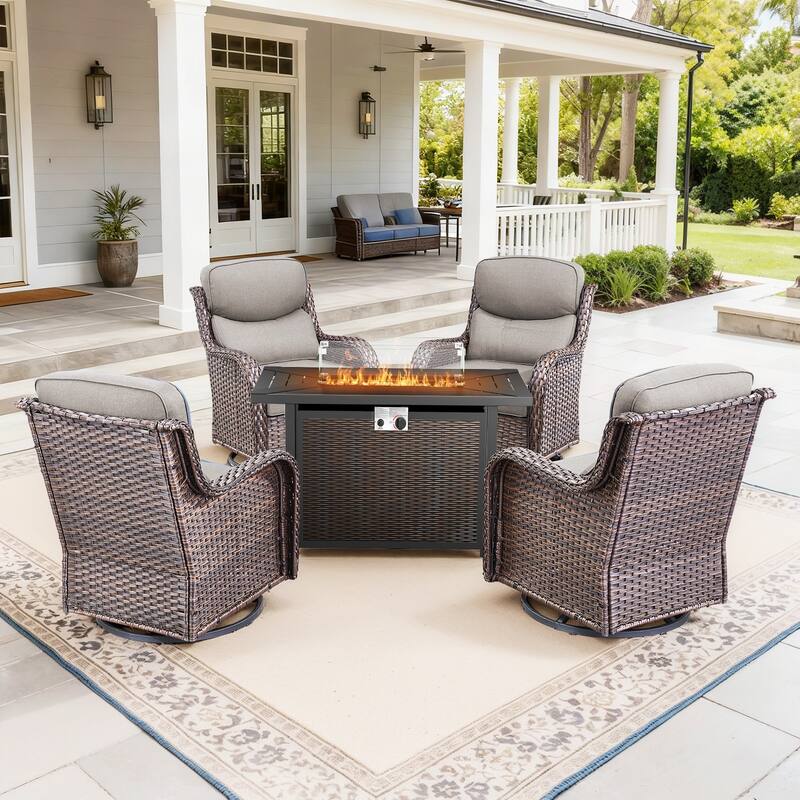 Pocassy Patio Furniture Set with 43 inch Fire Pit Table - Gray Cushion Brown Wicker - 5-Piece Fire Pit Table w/ Swivel Chair Set
