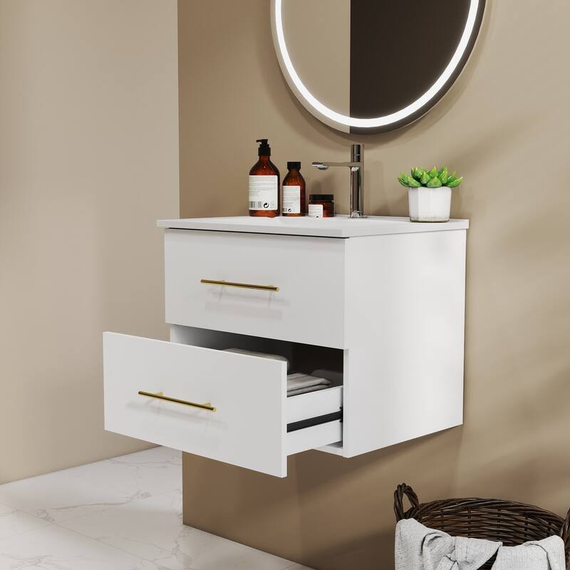24-Inch Wall-Mounted Bathroom Vanity with Sink Combo,Double Drawers, Ceramic Basin, Easy Assemble,2 Storage Drawers