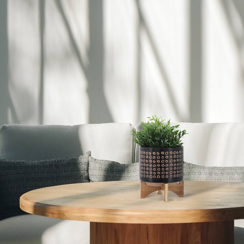 Sagebrook Home Neutral Tan and Brown Ceramic Dotted Planter with Wood Stand Indoor Outdoor