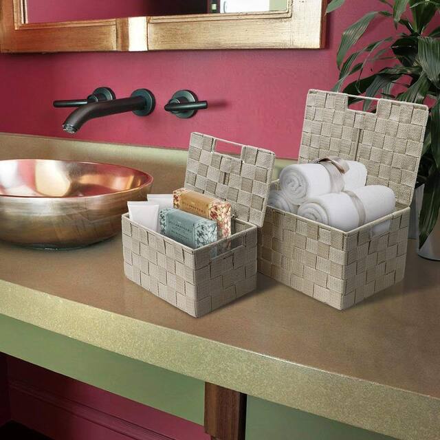 Storage Box Woven Basket Bin Container Tote Cube Organizer Set Stackable Shelf Organizer Built-in Carry Handles (3-Piece)