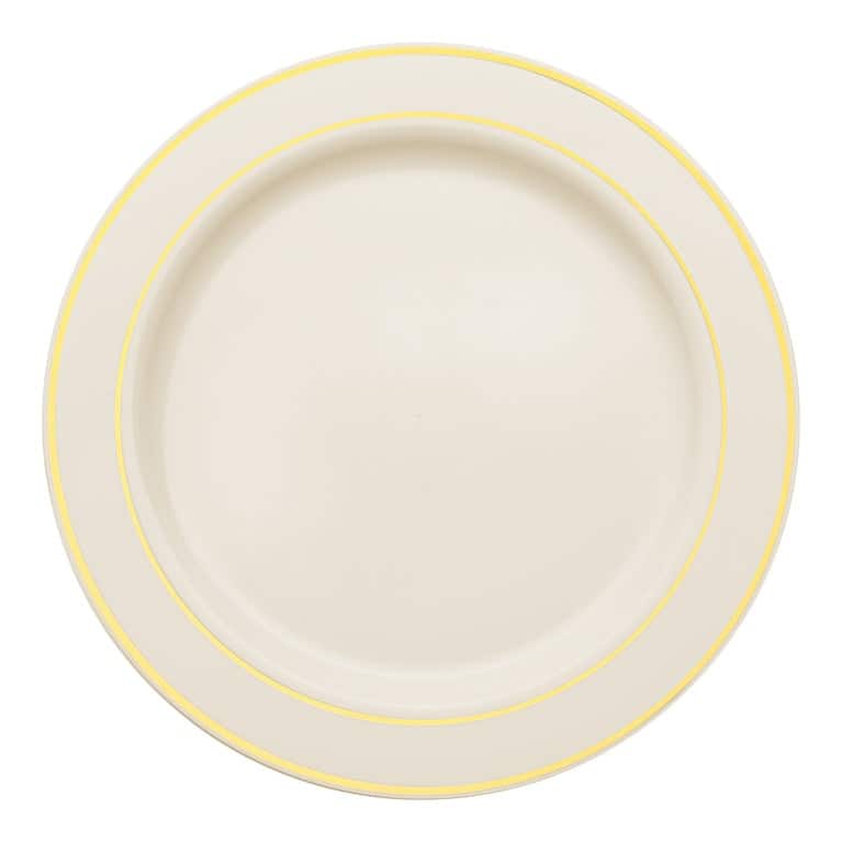 Shiny Round Edge Rim Disposable Plastic Plate Packs - Party Supplies - 120pcs - Dinner Plates - Ivory with Gold Rim