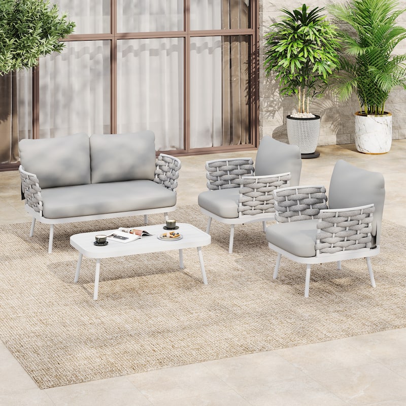 Roomfitters Steel 4-Piece Outdoor Conversation Set with Woven Rope Armrests and Cushions