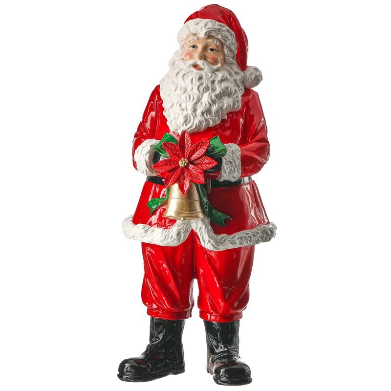 15" Resin Santa With Bell and Poinsettia